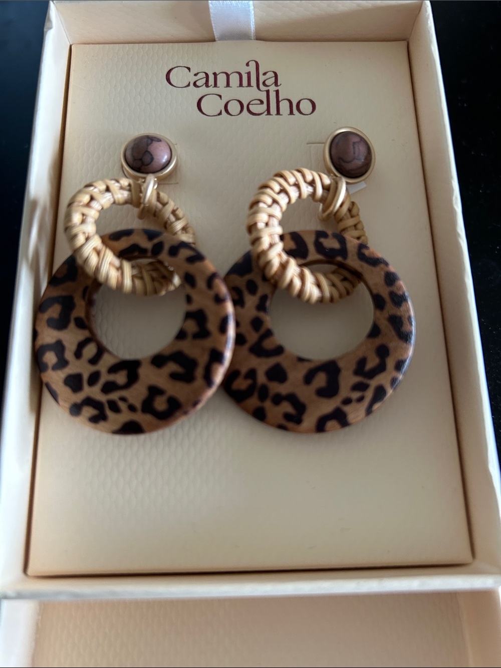 Camila Coelho feather weight animal print and wicker with gold tone